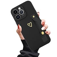 Phone Case Compatible with iPhone 15 Pro 6.1 Inch for Women Girls, Cute Gold Love Heart Pattern with Wrist Hand Holder Stand Slim Soft Silicone Shockproof Kickstand Cover (Black)