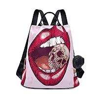 ALAZA Red Lips Biting A Skull Outdoor Backpack Bags for Woman Ladies