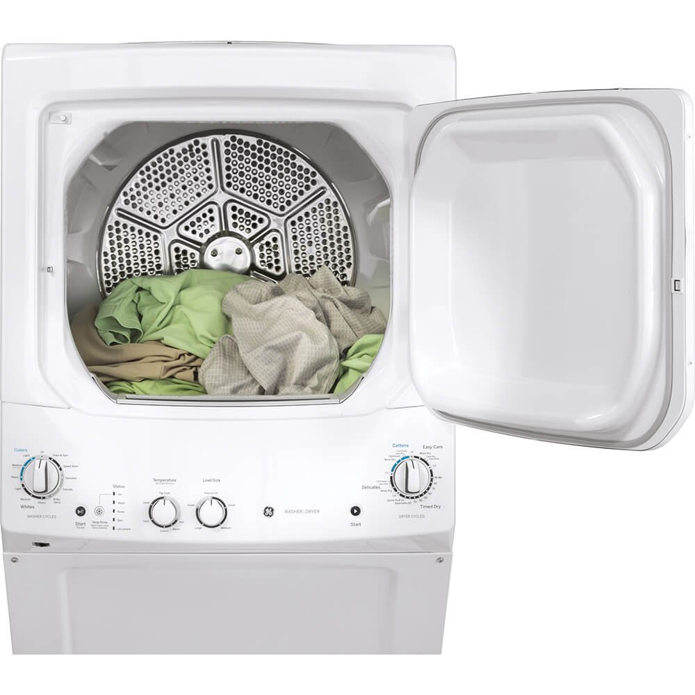 GE GUV27ESSMWW Unitized Spacemaker 3.8 Washer with Stainless Steel Basket and 5.9 Cu. Ft. Capacity Long Vent Electric Dryer, White
