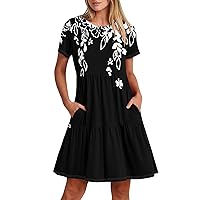 Casual Beach Dress for Women 2024 Summer Short Sleeve Round Neck Midi Printed Dresses with Two Pockets