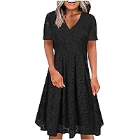Plus Size Lace Dress for Women Summer Short Sleeve V Neck Warp Dress High Waist Pleated Flowy A Line Swing Party Dress