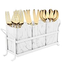Kitchen Utensil holder for Countertop , Silverware Caddy ,Marble White Cutlery Holder Utensils Organizer for Party Gatherings, Metal and Durable Design
