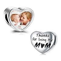 LONAGO Mom/Daughter/Sister/Grandma/Dad/Wife/Friend/Auntie Charm Personalized Photo Picture Charm Heart Bead Sterling Silver Fit Snake Bracelet Customized Image Jewelry Mother's Day Gift