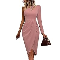 One Shoulder Cocktail Dress for Women Glitter Ruched Bodycon Party Dress Cutout Slit Elegant Formal Midi Dresses