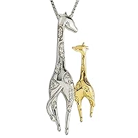 1/2 Carat Round Cut White Cubic Zirconia 14 Two Tone Gold Over Giraffe Mom and Child Pendant