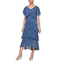 S.L. Fashions Women's Short Sleeve Solid Tulip Tiered Chiffon Dress (Missy and Petite)