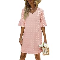 Womens Summer Short Sleeve V Neck Mini Dress Chiffon Swiss Dot Flowy Short Dress