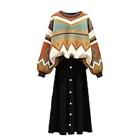 Autumn Korean Popular Vintage Splice Knitted Sweater Slim Skirt Women's Dress