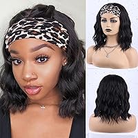 MORICA Headband Wig Short Wavy Wigs for Black Women Black Bob Wig Glueless Synthetic Shoulder Length Wigs 16 Inch Headwrap Wigs with Headband Attached