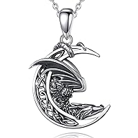 Vito Sterling Silver Celtic Dragon Necklace for Women Men, Vintage Austrian Crystal Moon Pendant Jewelry Gifts for Girls Mother Wife, 18 Inch Chain