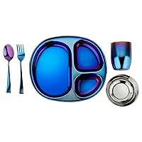 Stainless Steel Dinner Set - 5 Piece Mindful Mealtime Set | Pediatrician Designed Stainless Steel Plates for Kids, Toxin Free Stainless Steel Dinnerware Set | 100% BPA Free (Iridescent Blue)