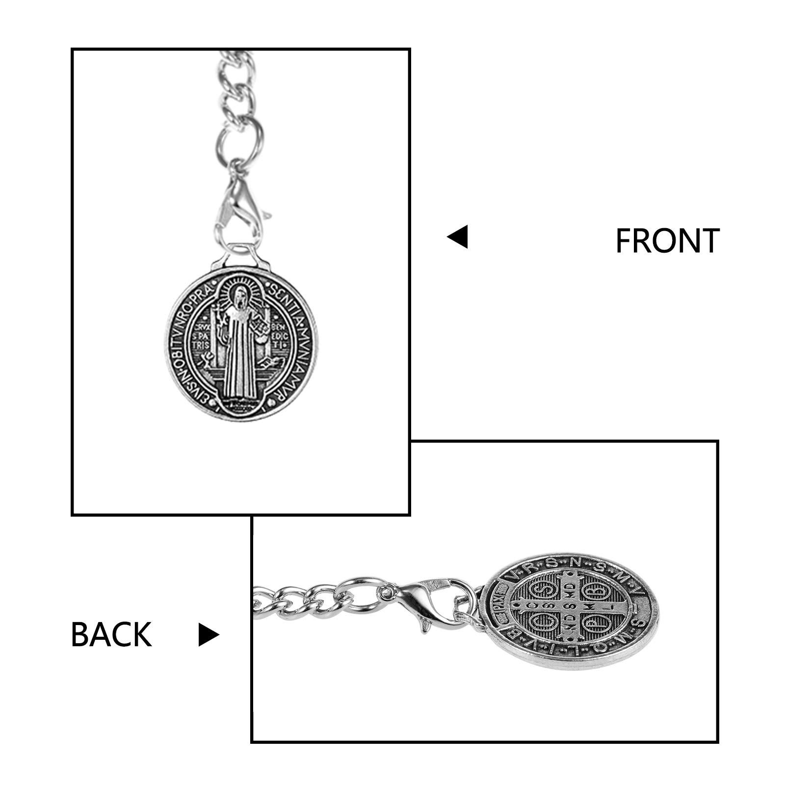 TREEWETO Men's Double Albert Chain Pocket Watch Curb Link Key Chain 2 Hooks with Antique St. Benedict Pendant Design Charm Fob T Bar