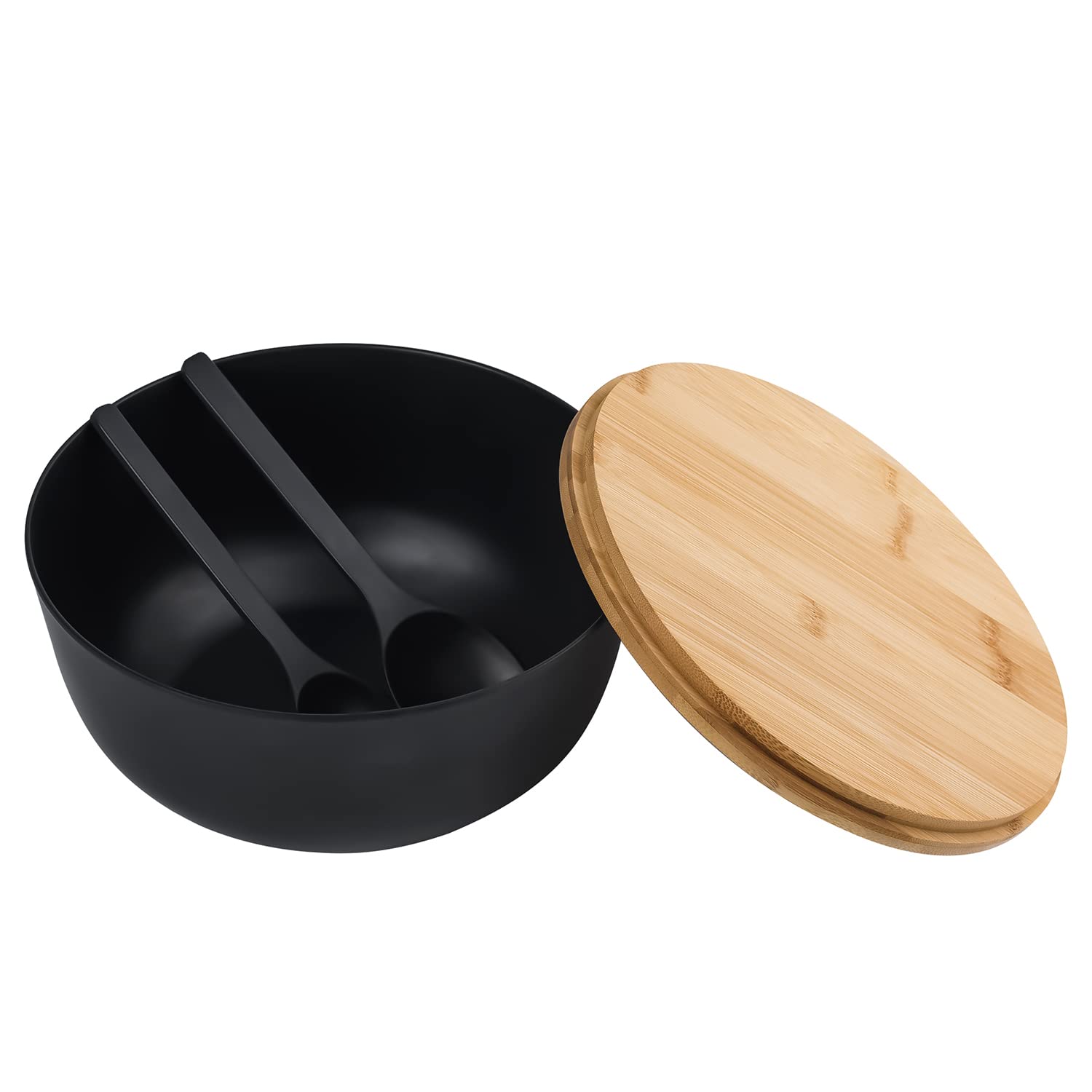 LOVYANXUE Bamboo Fiber Salad Bowl with Servers Set Large 9.8inches Nature Bamboo Mixing Bowl with Servers with Lid Spoon and Fork for Fruits ,Salads and Vegetables (Black, 10inch)