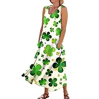 Dresses for Women 2024 Casual 3/4 Sleeve Crewneck Clover Patterned Linen Stretch St. Patrick's Day Womens Summer Dresses 2024