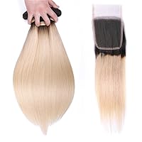 Straight Blonde T1B/613 Ombre Peruvian Human Hair 3 Bundles with Closure Dark Roots Blonde Virgin Hair (12 12 12 with 10 inch)