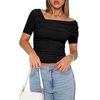 Imily Bela Womens Off Shoulder Crop Tops Asymmetrical Going Out Short Sleeve Ruched Slim Fit Y2K T Shirts
