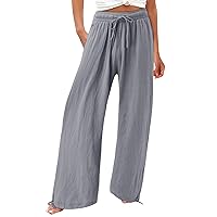 Women's Pants,Cotton Linen High Waist Wide Leg Pants Casual Elastic Waist Palazzo Pants Yoga Trousers