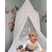 OldPAPA Crib Bed Canopy for Girls Bed with Pom Pom, Cotton Dome Mosquito Net for Baby, Kids Indoor Outdoor Playing Reading, Bedroom Decoration (White)