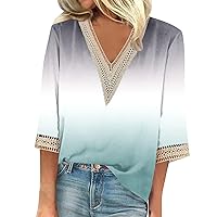 Womens Spring Trendy Shirts Office 3/4 Sleeve Cozy Stretchy Tunic Classy Party Fit Printed V Neck Fashion T-Shirt