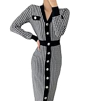 Chic Ladies V-Neck Houndstooth Knit Dress Women Single-Breasted Long Sleeve Skinny Sweater Vestidos Femme