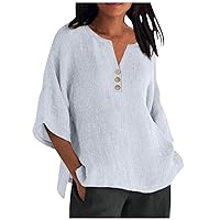 Summer Cotton Tops for Women Casual Loose Fit Shirts 3/4 Sleeve V Neck Button Blouses Solid Color Oversized Tees