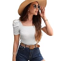 Women's Tops Sexy Tops for Women Shirts Striped Print Puff Sleeve Tee Shirts (Color : White, Size : Medium)