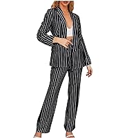 Women's 2023 Fall Two Piece Stripes Outfits Blazer Cardigan and Wide Leg Pants with Pockets Business Casual Suit Set