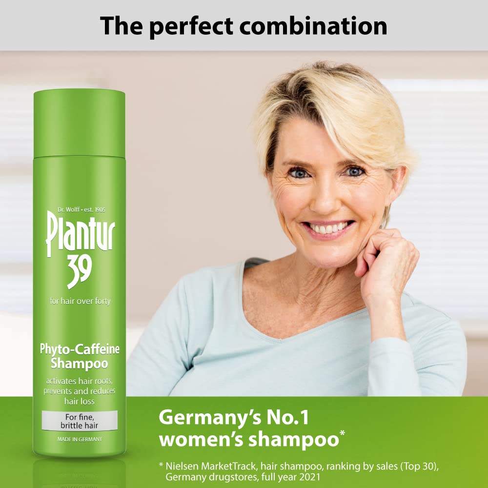 Plantur 39 Phyto Caffeine Women's Nourishing Shampoo, 8.45 Fl Oz, for Fine, Thinning Hair, Natural Hair Growth Shampoo, Niacin, Zinc, White Tea Extract