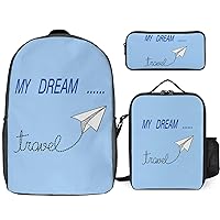 Paper Plane Travel Dream Print Backpack 3Pcs Set Cute Back Pack with Lunch Bag Pencil Case Shoulder Bag Travel Daypack