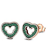 Lovely Heart Mickey Mouse 14K Black & Rose Gold Over 925 Sterling Sliver With Fashion Round Cut Green Emerald Cubic Zirconia Stud Earring For Teen Girls and Women's Valentine's Day Gift,Birthday Gifts
