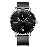 Guanqin Mens Calendar Analog Automatic Self Winding Mechanical Wrist Watch with Stainless Steel Leather Strap