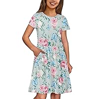 Girl Dress Toddler Short Sleeve Clothes with Pocket Hawaiian Dresses for Girls Size 2-14