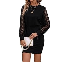 Fall Dresses for Women 2023 Round Neck Contrast Lace Lantern Sleeve Bodycon Short Dress
