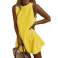 Chvity Women's Summer Sleeveless Halter Neck Mini Dress Scalloped Linen Tank Dress Solid Loose Fit A-Line Flowy Beach Dress