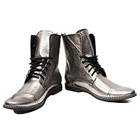 PeppeShoes Modello Silvero - Handmade Italian Mens Color Silver High Boots - Goatskin Smooth Leather - Lace-Up