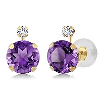 Gem Stone King 14K Yellow Gold Purple Amethyst and White Created Sapphire Earrings For Women (1.58 Cttw, Gemstone Birthstone, Round Cut 6MM)