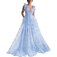 3D Butterfly Tulle Prom Dresses for Women 2024 Lace Applique Princess Prom Dress Long Ball Gown with Slit