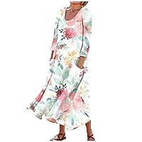Dresses for Women 2024 Women's Casual Loose Sundress Vintage Summer Fashion Floral Printed V-Neck Short Sleeve Maxi Dresses