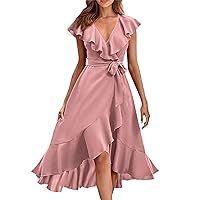 Womens Faux Wrap Midi Dress 2024 Summer Casual Short Sleeve Deep V Neck Belted Irregular Ruffle Hem A-Line Flowy Dress