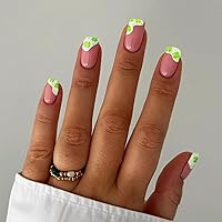 St.Patrick Day Short Square Fake Nails White French Tip Press on Nails with Four Leaf Clover Designs Full Cover Stick on Nails Glossy Acrylic Nails for Women and Girls St.Patrick Day Manicure 24Pcs