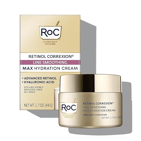 RoC Retinol Correxion Max Daily Hydration Anti-Aging Face Moisturizer with Hyaluronic Acid, Oil Free Skin Care Cream for Fine Lines, Dark Spots, Post-Acne Scars, 1.7 Ounces (Packaging May Vary)