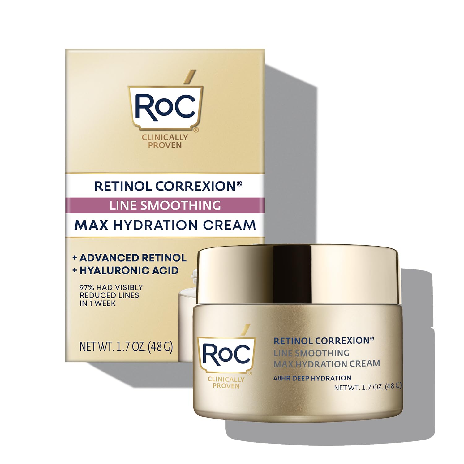 RoC Retinol Correxion Max Daily Hydration Anti-Aging Daily Face Moisturizer with Hyaluronic Acid, Oil Free Skin Care Cream for Fine Lines, Dark Spots, Post-Acne Scars, 1.7 oz (Packaging May Vary)