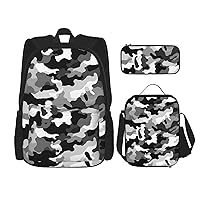 Black Grey White Camo 3 Pcs Print Backpack Sets Casual Daypack with Lunch Box Pencil Case for Women Men