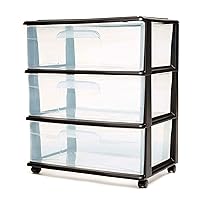 Homz Heavy Duty 3 Durable Clear Plastic Drawers Tall Wide Rolling Storage Cart with 4 Wheels for Home, Dorm, Office, and Classroom Organization, Black