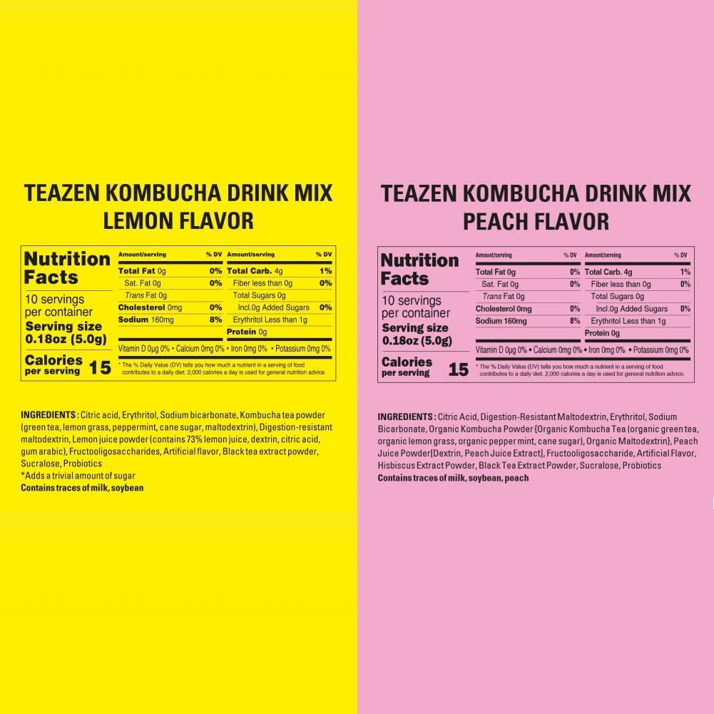 TEAZEN 5 Flavors 50 sticks Variety Pack, Kombucha Peach, Pineapple, Lemon, Citrus, Berry flavor (8.8oz, 50 Sticks)