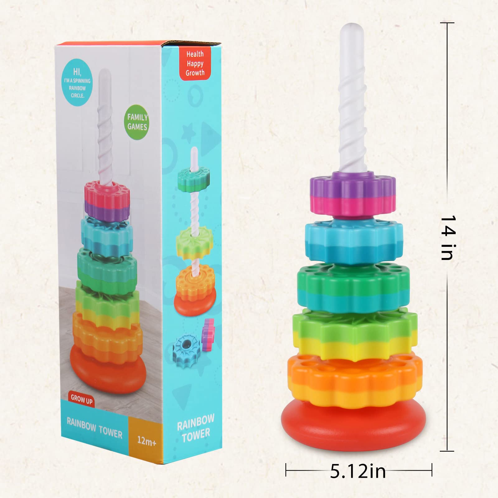 JUXUE Baby Spinning Stacking Toys for Toddlers 1-3, Rainbow Ring Stacker Montessori Toys for Babies 6-12 Months, 1 2 3 One Year Old Girl Boy Christmas Birthday Gifts, Autism Sensory Learning Toy