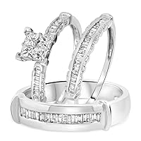 14K White Gold Over His/Her Wedding Trio Ring Set 1/3Ct Princess/Baguette Sim Diamond