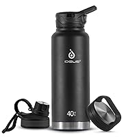 IDEUS Vacuum Insulated Water Bottle, 40 oz Stainless Steel Water Bottles with Straw, Chug and Spout Lid, Reusable Metal Water Bottle Leak Proof Gym Water Bottle, BPA-Free(Black)