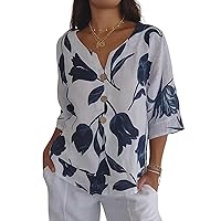 Womens 3/4 Length Sleeve Tops Dressy Casual V Neck Boho Floral Print Summer Blouses Shirts