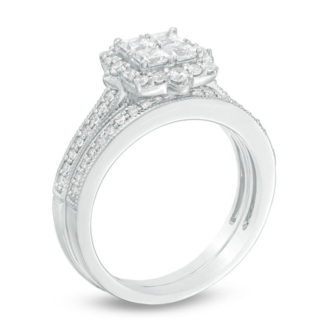 EternalDia 1 Cttw Princess-Cut Quad Diamond Frame Vintage-Style Engagement Wedding Ring Bridal Set in 10K White Gold (I-J/12)